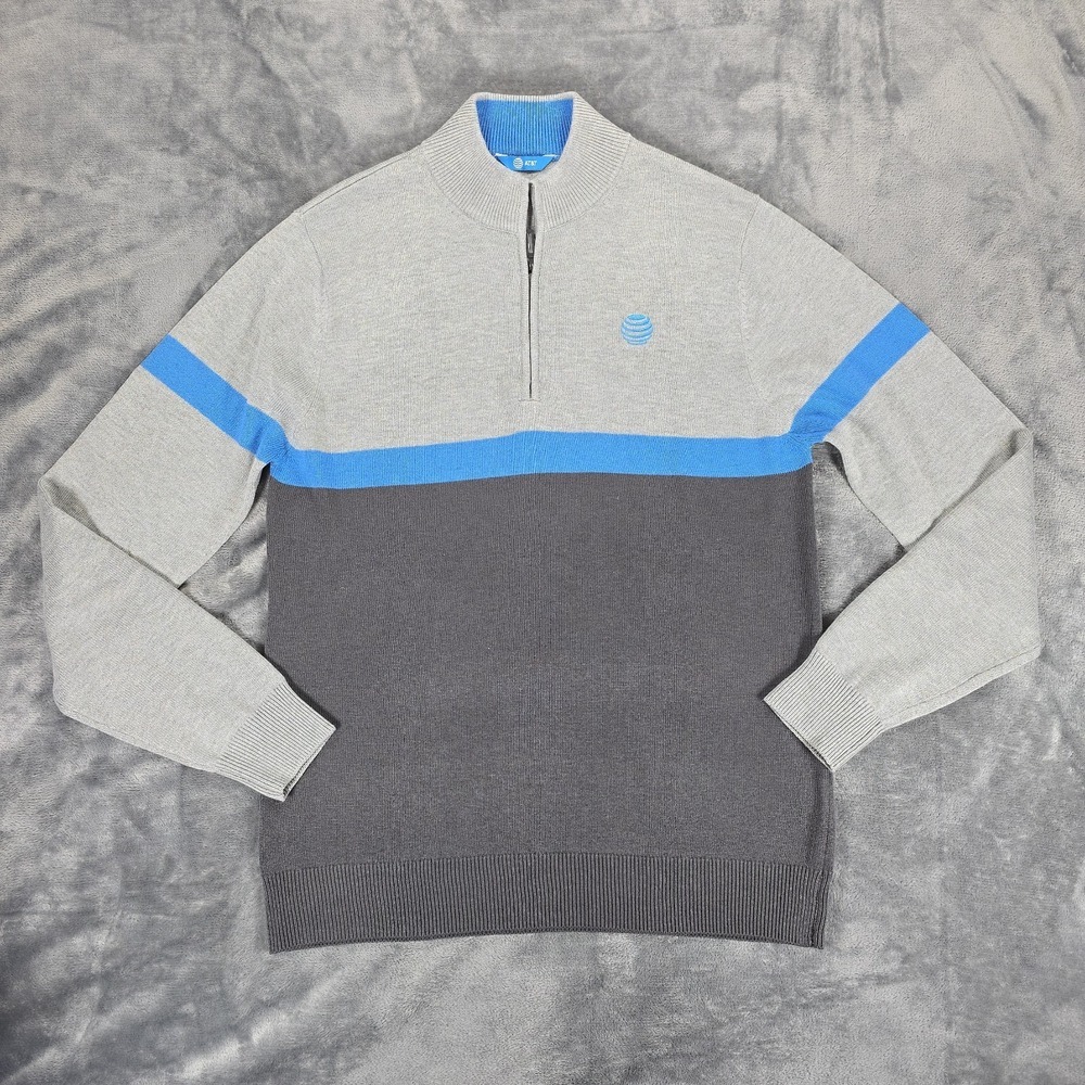 AT&T 1/4 Zip Knit Sweater Mens L Gray Colorblock Ribbed Employee Crew Uniform